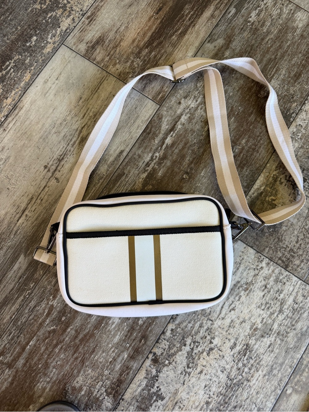 2 for $30 sale: cream canvas Crossbody Bag with Gold and white Stripes